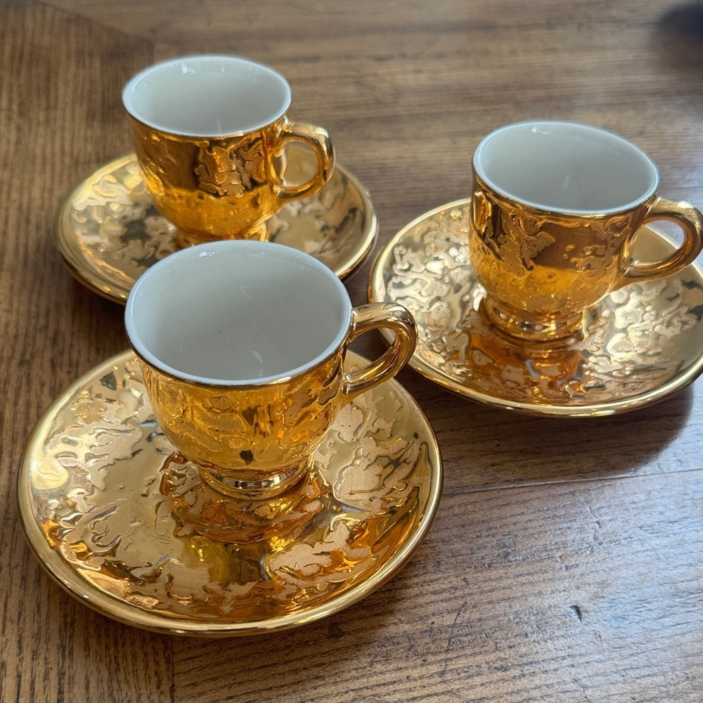 22k Gold Espresso Cup and Saucer over bone china - Set of 3 | Made in USA VTG